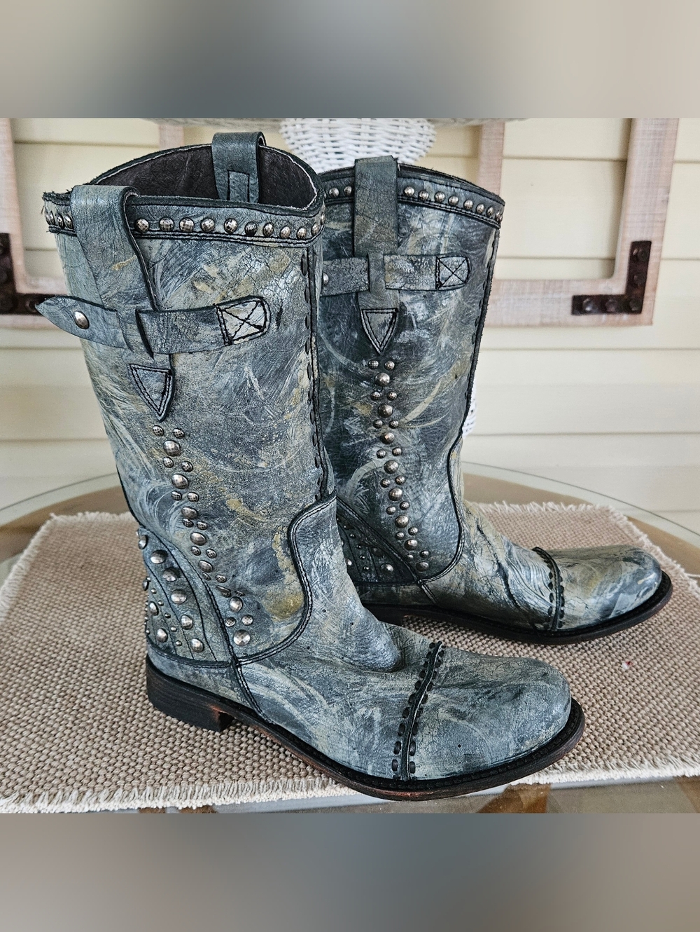 Independent Brand Leather Studded Distressed Grey Cowgirl Boots Sz 8.5